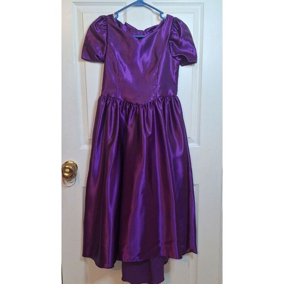Alfred Angelo Vintage 80s Purple Satin Puff Sleeve A Line Dress Bow Formal Sz XS - Picture 1 of 12